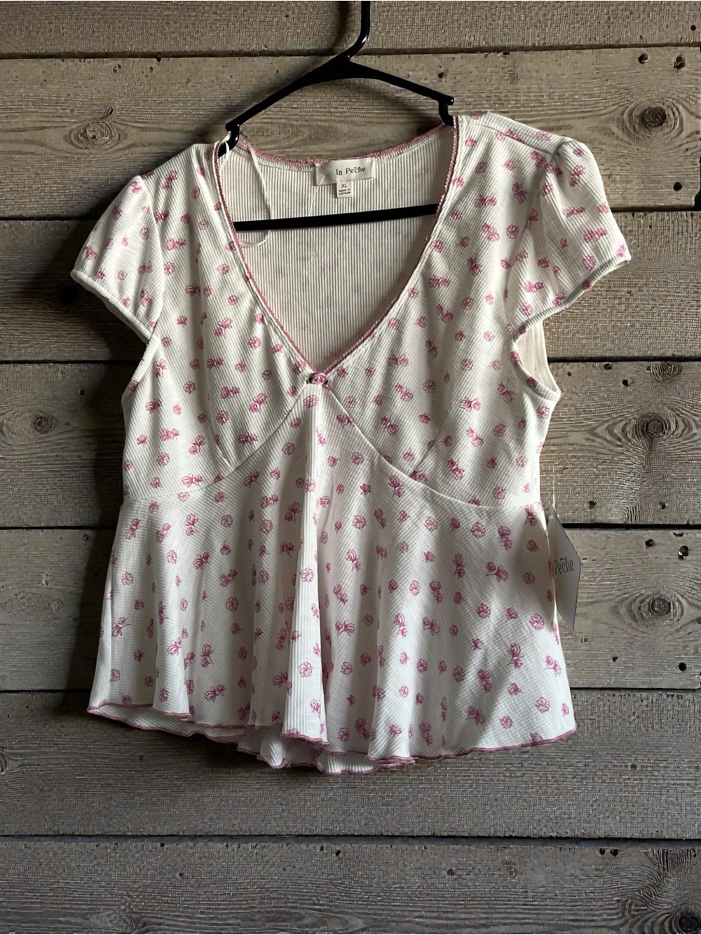 White Ribbed Peplum Crop Top with Pink Floral Print